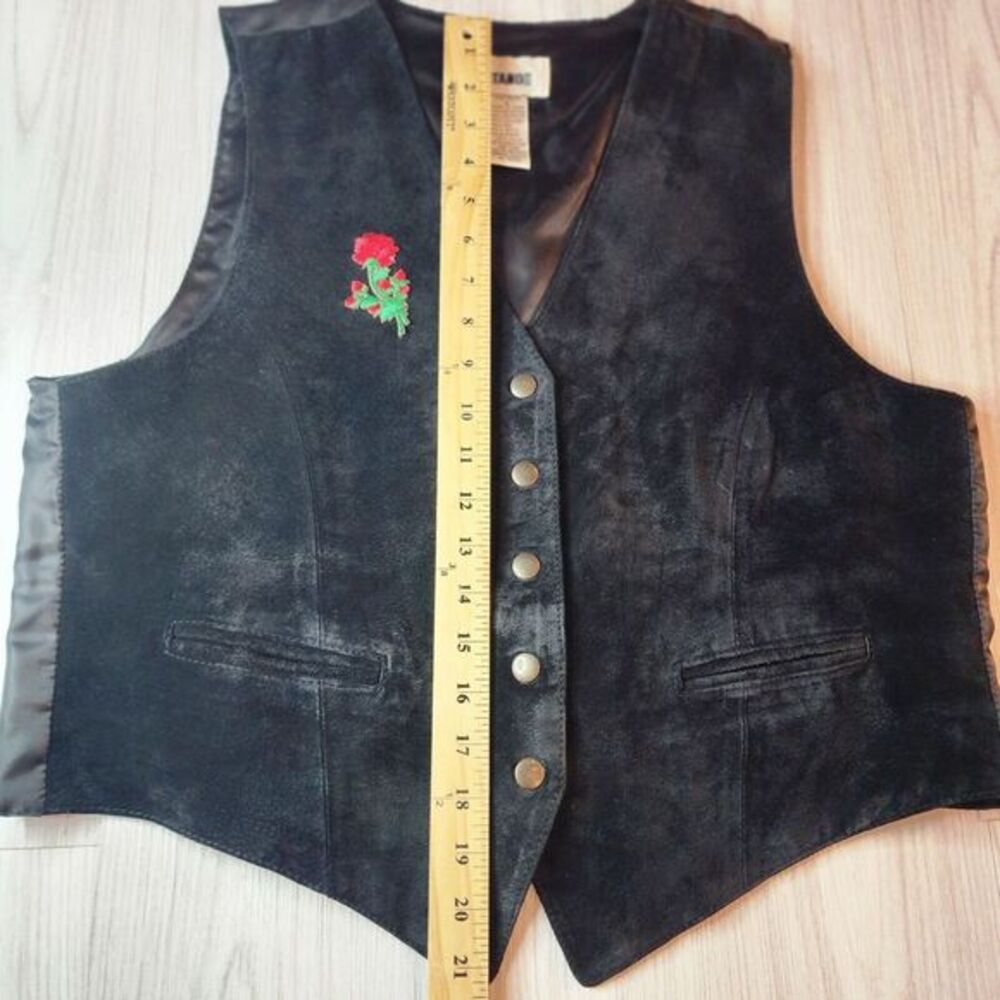 Vintage Gitano Button Down Suede Leather Vest Pockets Black SZ Large Rose *READ* - Picture 9 of 12
